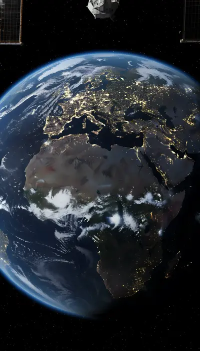 AI: Earth at night seen from low orbit,
vertical portrait orientation.
The planet fi...