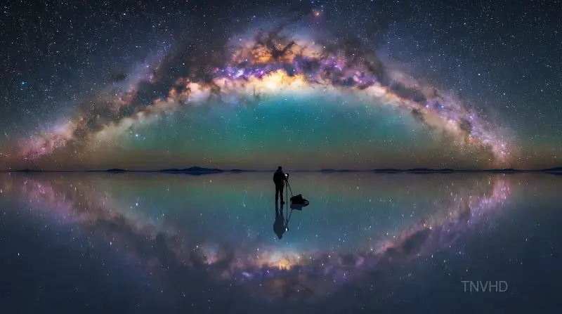 AI: The complete arc of the Milky Way galaxy 
reflected perfectly in the mirror-fla...