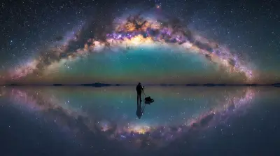 AI: The complete arc of the Milky Way galaxy 
reflected perfectly in the mirror-fla...