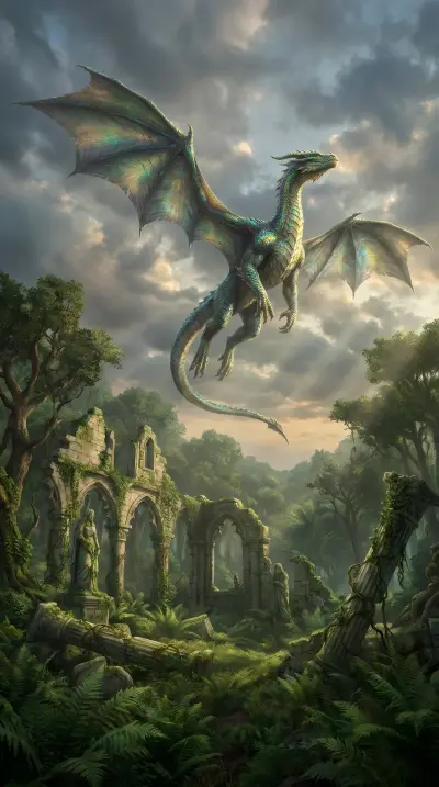Fantasy Dragon Soaring Over Ruins