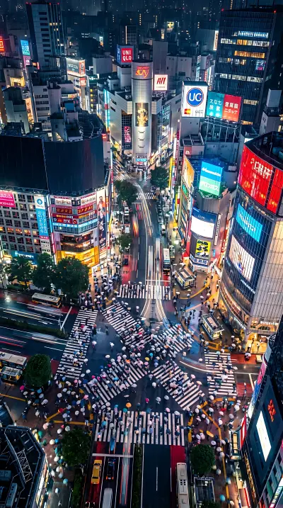 AI: Shibuya Crossing in Tokyo at midnight 
seen from directly above,
vertical portra...