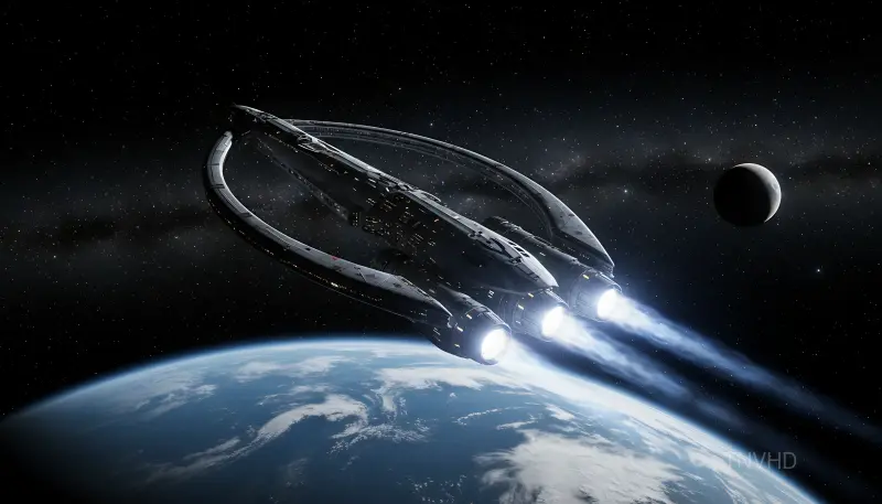 AI: A massive interstellar spacecraft launching 
from Earth's orbit, engines blazin...