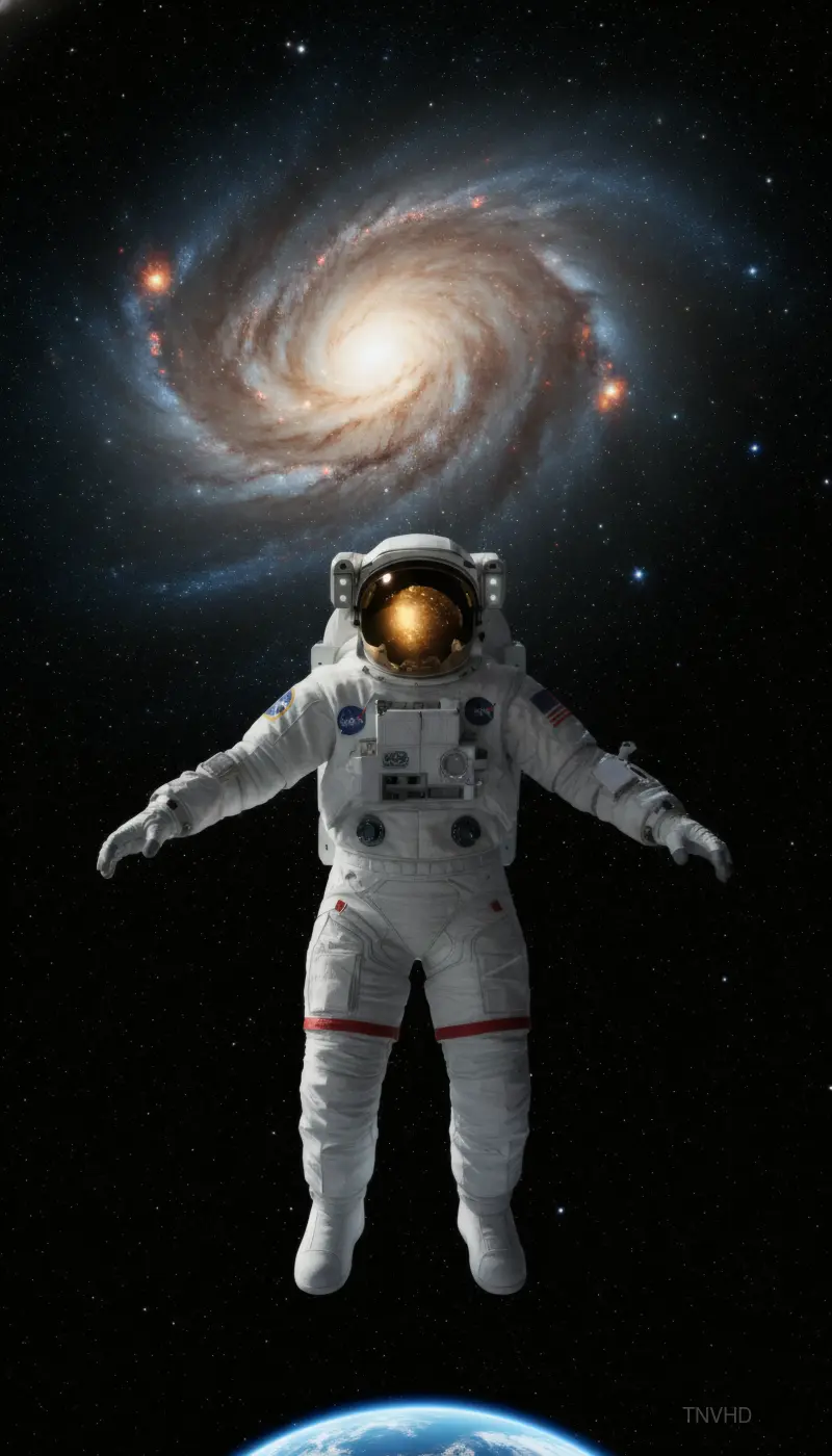 An astronaut floating alone in deep space