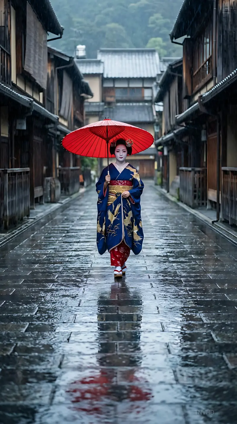 AI: A beautiful geisha standing alone 
on an ancient cobblestone street in Gion, Kyo...