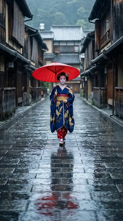 AI: A beautiful geisha standing alone 
on an ancient cobblestone street in Gion, Kyo...