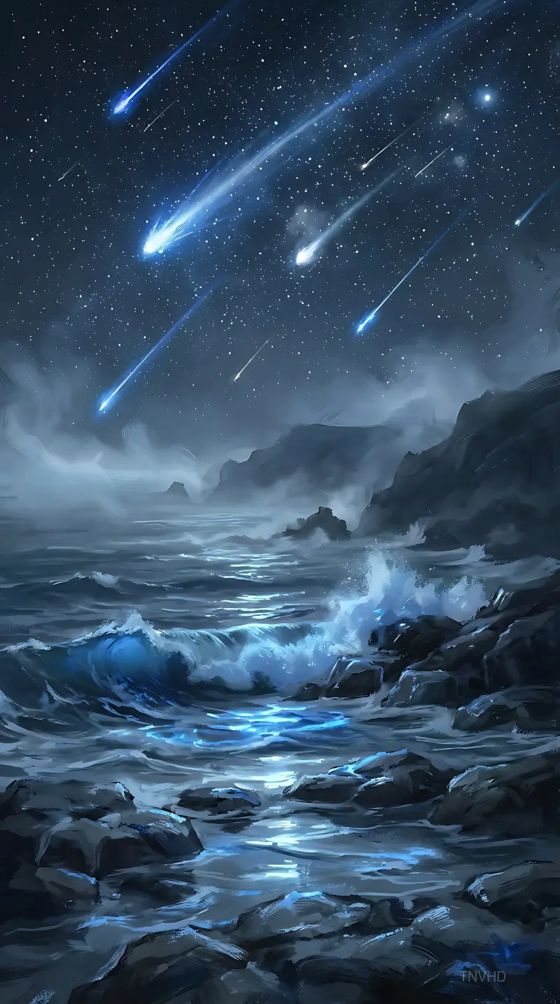 Coastal Night Sky Meteor Trail