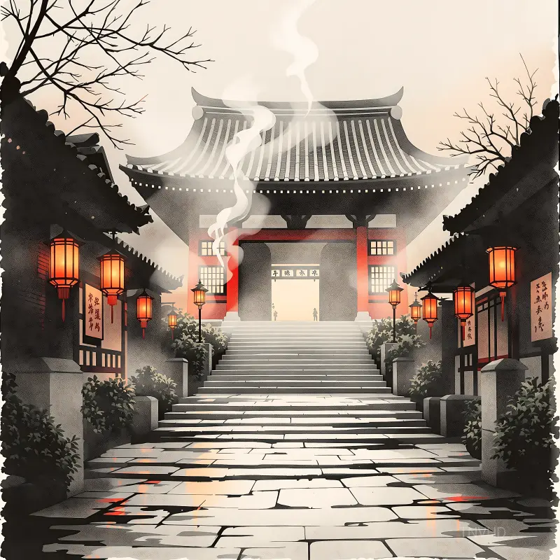Temple Lanterns in Mist