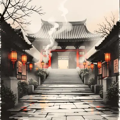 Temple Lanterns in Mist