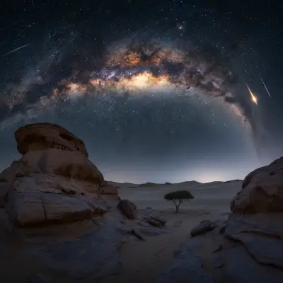 AI: Epic Milky Way rising over a vast desert landscape at 3am. 
Ancient sandstone r...
