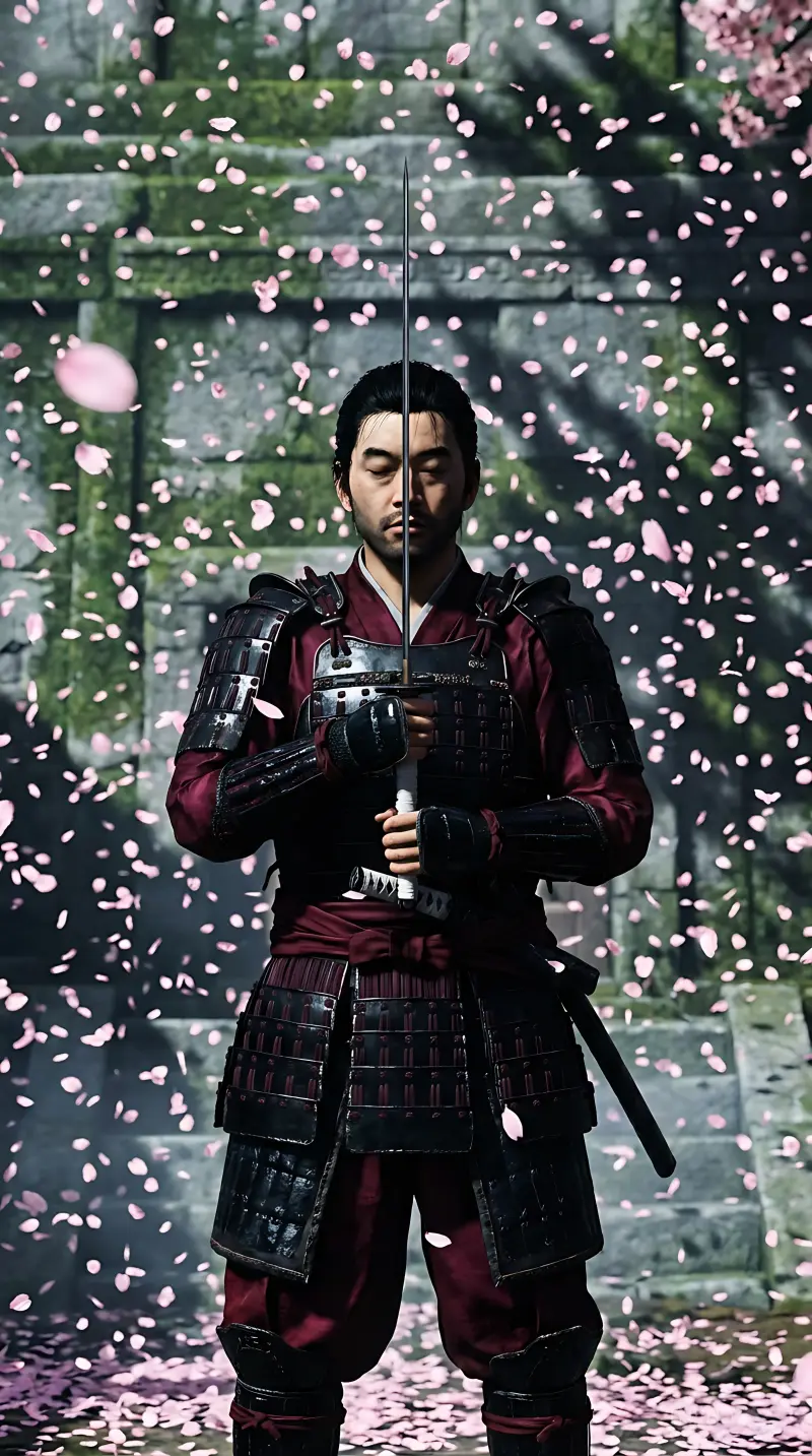 AI: A lone samurai standing motionless 
in a cherry blossom storm,
vertical portra...