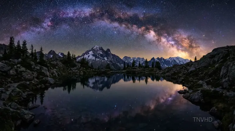 AI: Stunning Milky Way galaxy reflected perfectly in a still alpine lake 
surrounde...