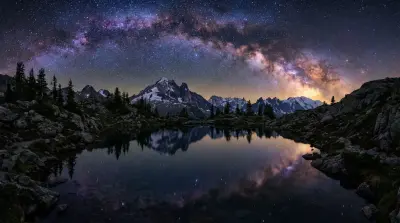 AI: Stunning Milky Way galaxy reflected perfectly in a still alpine lake 
surrounde...