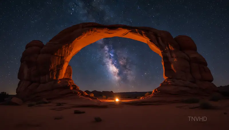 AI: The Milky Way galaxy perfectly framed 
through a natural sandstone arch in the...