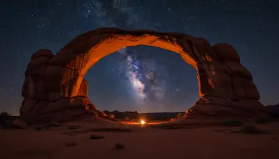 AI: The Milky Way galaxy perfectly framed 
through a natural sandstone arch in the...