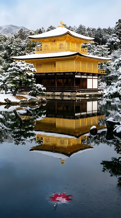 AI: The Golden Pavilion — Kinkaku-ji —
reflected in its mirror pond,
vertical portra...