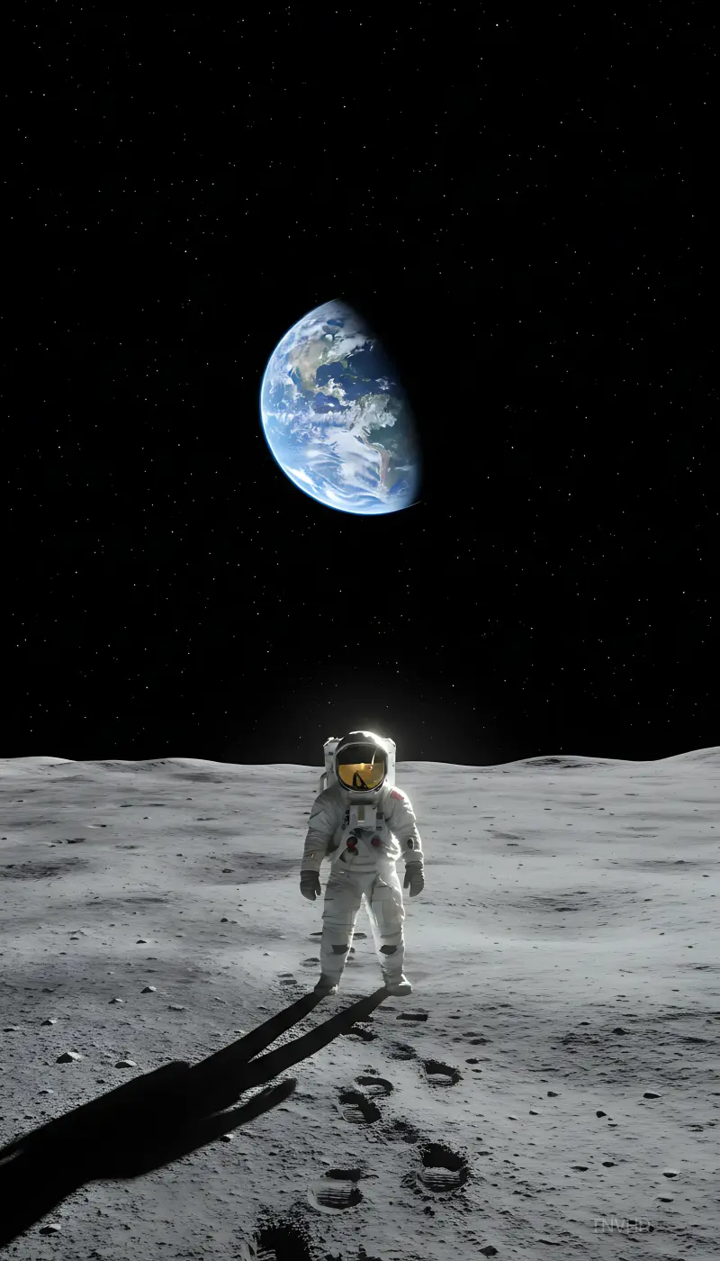 AI: An astronaut standing alone on the lunar surface,
looking straight up at Earth...