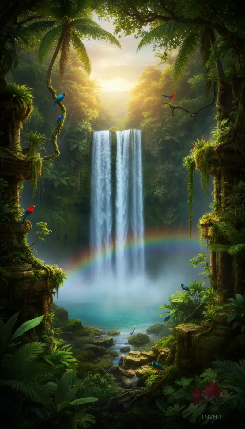 AI: A colossal waterfall plunging into a hidden jungle valley,
water glowing with s...