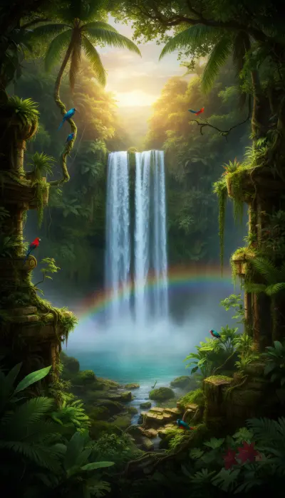 AI: A colossal waterfall plunging into a hidden jungle valley,
water glowing with s...
