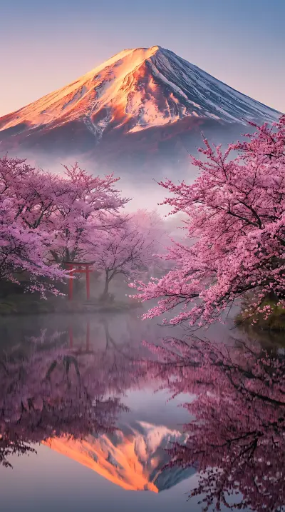 AI: Mount Fuji perfectly centered 
at the top of the vertical frame,
its snow-capped...