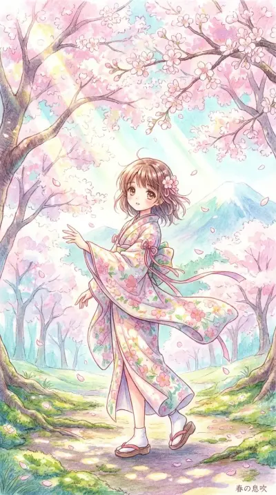 Anime Girl in Cherry Blossom Grove
