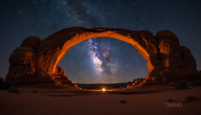 AI: The Milky Way galaxy perfectly framed 
through a natural sandstone arch in the...