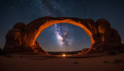 AI: The Milky Way galaxy perfectly framed 
through a natural sandstone arch in the...