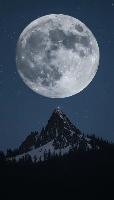 AI: A massive supermoon rising directly above
a dramatic jagged mountain peak,
per...