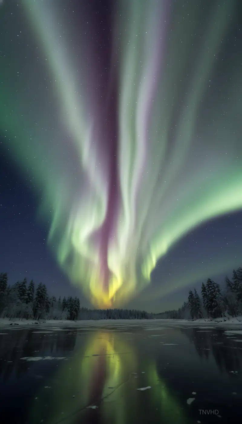 AI: Breathtaking Northern Lights — Aurora Borealis —
erupting in massive vertical cu...